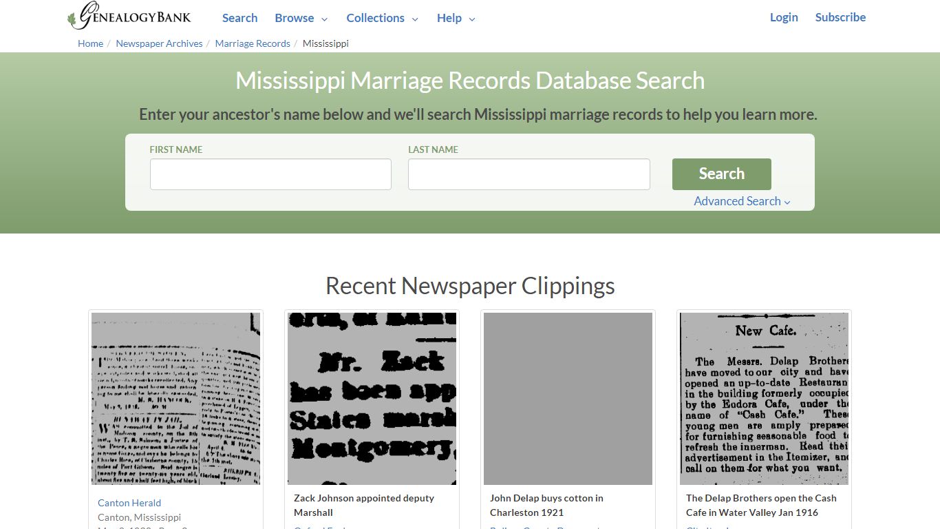 Public Marriage Records in Mississippi | GenealogyBank